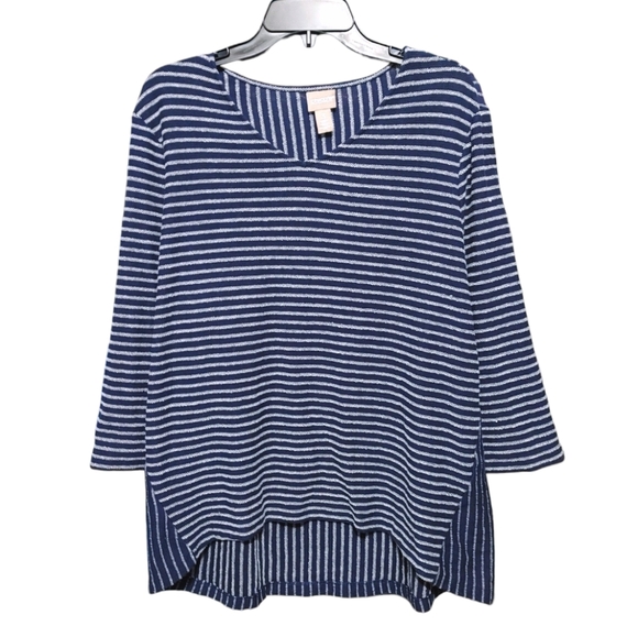 Chico's Blue Spliced Stripe High Low 3/4 Sleeve Top Women Size Extra Large XL - Picture 2 of 11